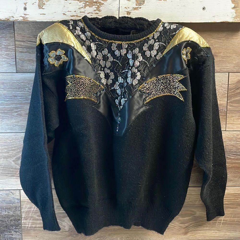 Anytime Glitz Ladies Black Sweater, Black with gold and Silver Glitz, Size L